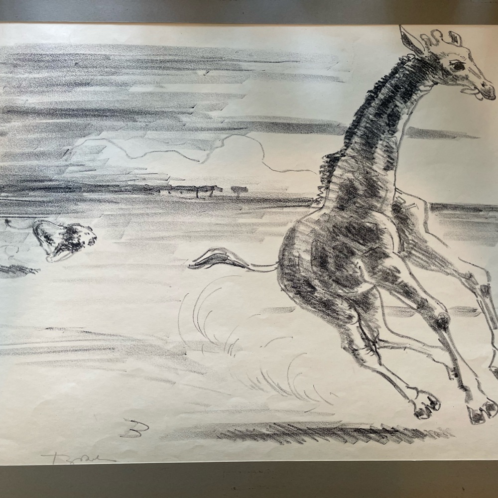 Fritz Behn African Lion & Giraffe Lithograph Listed Signed Artist Vintage